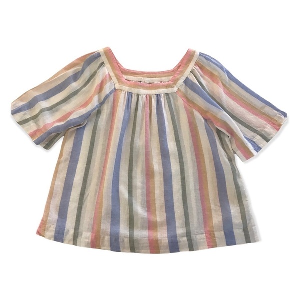 GAP Short Sleeve Square Neckline Multi Stripe Loose Fit Linen Blend Blouse - Picture 1 of 12